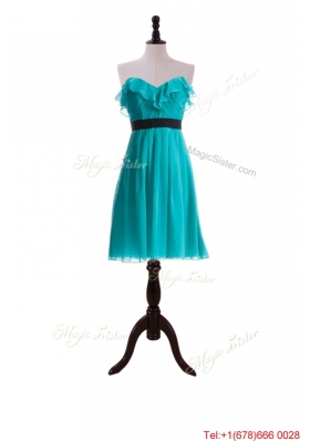 New Style Ruffles and Belt Short Prom Dresses in Turquoise