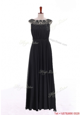 New Style Bateau Lace Long Prom Dresses in Black for 2016