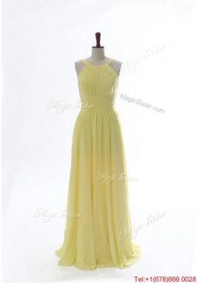 Simple 2016 Scoop Chiffon Yellow Prom Dresses with Sweep Brain