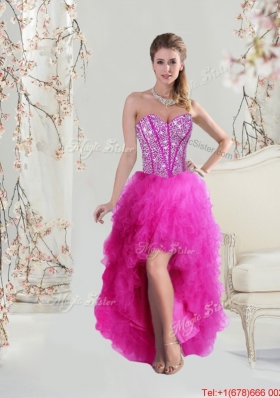 2016 Inexpensive High Low Sweetheart Fuchsia Prom Dresses with Beading and Ruffles