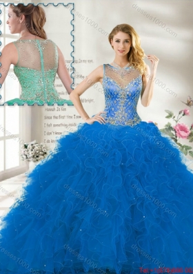 Fall Perfect Scoop Ruffles Blue Sweet 16 Gown with Beading