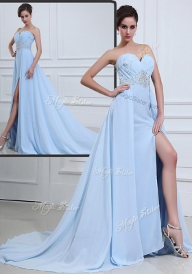 Sexy Brush Train Sweetheart Beading Prom Dresses in Light Blue