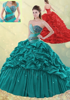 2016 Clearance Brush Train Taffeta Bubble Quinceanera Dress in Turquoise