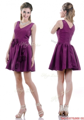 Exquisite V Neck Taffeta Purple Prom Dress with Handcrafted Flowers