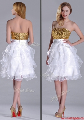 Classical Organza Sequined and Ruffled Prom Dress in White and Gold