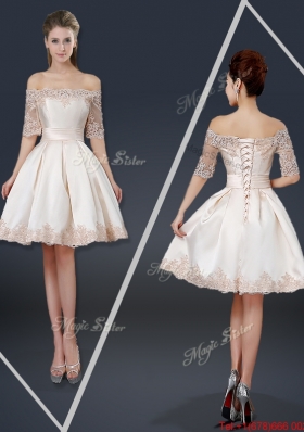 New Arrivals Off the Shoulder Appliques Champagne Short Prom Dresses