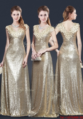 Perfect V Neck Sequins Prom Dresses in Champagne