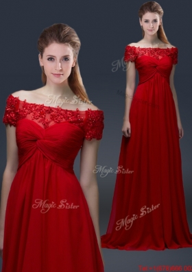 Simple Off the Shoulder Short Sleeves Red Prom Dresses with Appliques