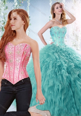 Simple Brush Train Beaded Detachable Quinceanera Gown in Aquamarine