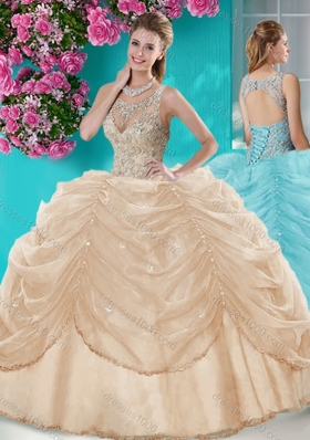 Classical Big Puffy Champagne Quinceanera Dress with Beading and Bubbles