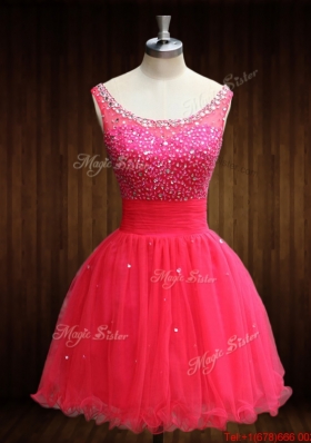 Elegant Beaded Bodice Open Back Organza Prom Dress in Coral Red