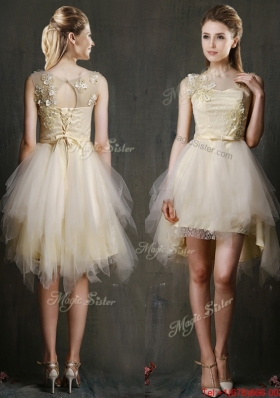 See Through Scoop Champagne Prom Dresses  with Appliques and Belt