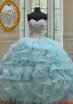 Popular Visible Boning Beaded Bodice Organza Quinceanera Dress in Light Blue