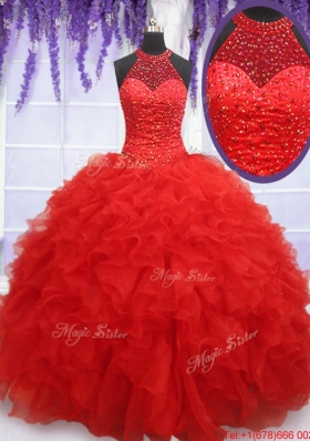 High End See Through Halter Top Red Sweet 16 Dress with Beading and Ruffles