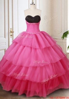 Affordable Black and Hot Pink Quinceanera Dress with Beading and Ruffled Layers