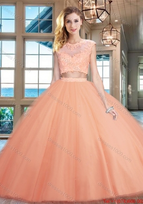 Gorgeous Two Piece Puffy Skirt Applique Tulle Quinceanera Dress in Peach