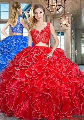 Latest Two Piece Ruffled and Laced Bodice Red Quinceanera Dress in Organza