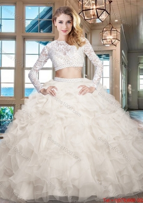 Modern Ruffled Long Sleeves White Quinceanera Dress in Organza and Lace