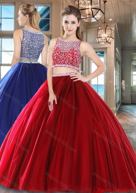 Romantic Two Piece Beaded Bodice Tulle Quinceanera Dress in Wine Red