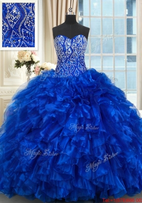 Best Selling Ruffled Beaded Bodice Royal Blue Quinceanera Dress with Brush Train