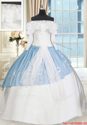 Perfect Off the Shoulder White and Light Blue Quinceanera Dress with Long Sleeves