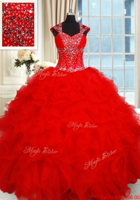 Perfect Open Back Ruffled and Beaded Red Quinceanera Dress with Cap Sleeves