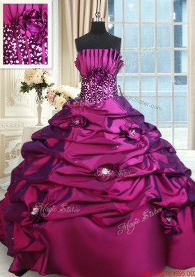 Romantic Strapless Bubble Handcrafted Flowers Quinceanera Dress with Brush Train