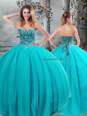 Sweetheart Sleeveless Tulle 15 Quinceanera Dress Beading Lace Up