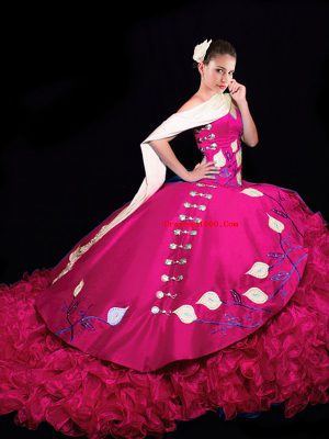 Taffeta Sleeveless 15 Quinceanera Dress Brush Train and Embroidery and Ruffles