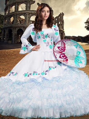 Designer Square Long Sleeves Vestidos de Quinceanera Floor Length Embroidery and Ruffled Layers Aqua Blue Organza