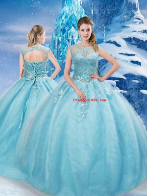 Graceful Scoop Sleeveless Brush Train Lace Up Sweet 16 Dresses Aqua Blue Tulle