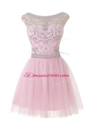 Baby Pink Tulle Zipper Scoop Sleeveless Mini Length Prom Dress Beading