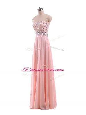 Strapless Sleeveless Prom Gown Floor Length Beading Pink Chiffon