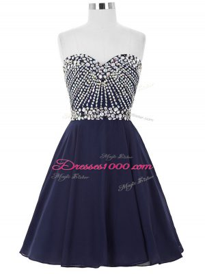 Fine Navy Blue Sleeveless Mini Length Beading Lace Up Club Wear