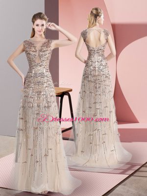 Eye-catching Champagne Sleeveless Tulle Brush Train Zipper for Prom and Party and Military Ball