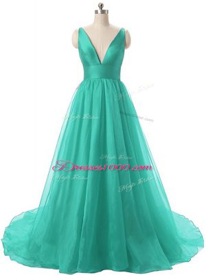 A-line Sleeveless Turquoise Prom Gown Brush Train Backless