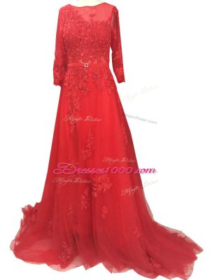 Pretty Red A-line Bateau Long Sleeves Tulle Brush Train Zipper Lace and Appliques and Belt Prom Gown