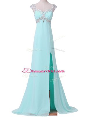 Simple Aqua Blue Cap Sleeves Chiffon Backless Celebrity Dress for Prom and Party and Military Ball