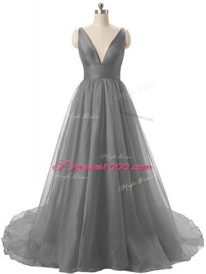 Noble Organza Sleeveless Prom Dresses Brush Train and Ruching