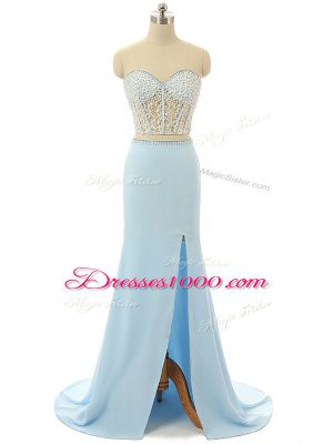 Dramatic Sweetheart Sleeveless Brush Train Zipper Dress Like A Star Light Blue Elastic Woven Satin