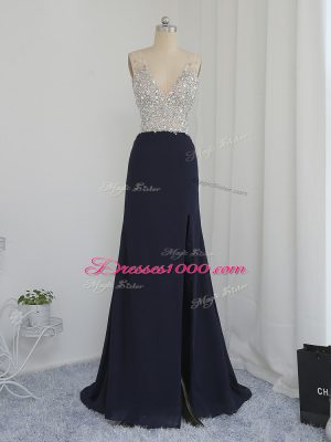 Black Chiffon Backless Oscars Dresses Sleeveless Floor Length Beading