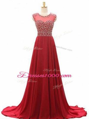 On Sale Wine Red Chiffon Lace Up Scoop Sleeveless Dress Like A Star Brush Train Beading