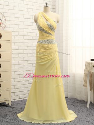 Fancy Floor Length Column/Sheath Sleeveless Yellow Brush Train Zipper