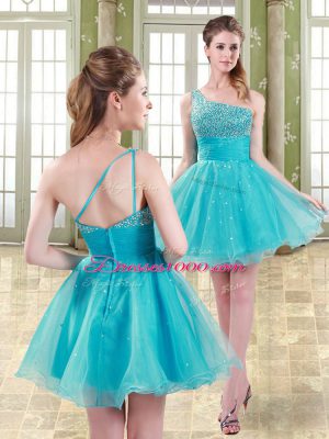 Aqua Blue Organza Zipper One Shoulder Sleeveless Mini Length Cocktail Dress Beading