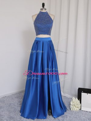 Dramatic Halter Top Sleeveless Prom Dress Floor Length Beading Royal Blue Elastic Woven Satin