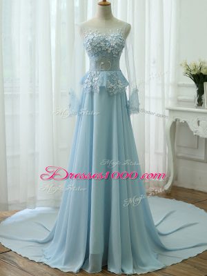 Light Blue Empire Beading and Appliques Dress Like A Star Zipper Chiffon Long Sleeves