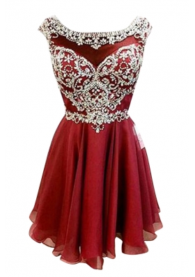 Low Price Burgundy A-line Bateau Cap Sleeves Chiffon Mini Length Zipper Beading and Sashes|ribbons Prom Gown