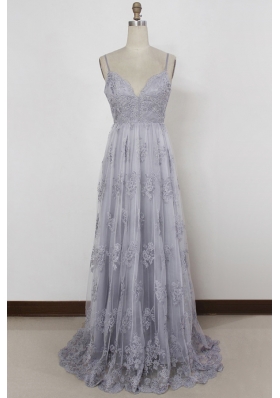 Comfortable With Train Column/Sheath Sleeveless Grey Prom Party Dress Sweep Train Backless