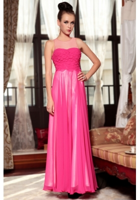 Extravagant Hot Pink Column/Sheath Chiffon Scoop Sleeveless Ruching Ankle Length Zipper Prom Dress