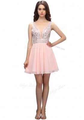 Cute Baby Pink V-neck Neckline Beading Evening Dress Sleeveless Zipper